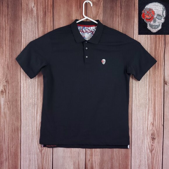 Robert Graham Mens Large Classic Fit Skull Rose Black Short Sleeve Polo Shirt - Picture 1 of 15